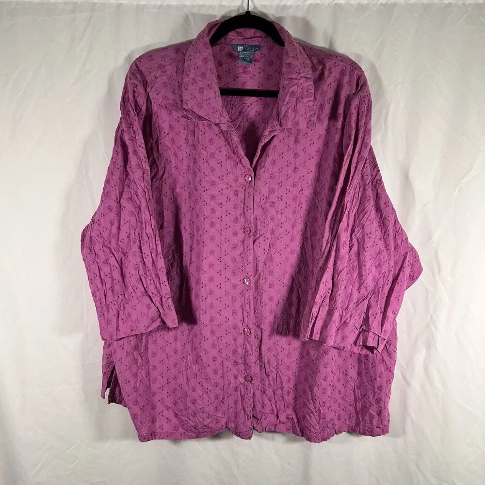 Koret Blouse Women's 26W Pink Button Up 3/4 Sleeve 100% Cotton Collared